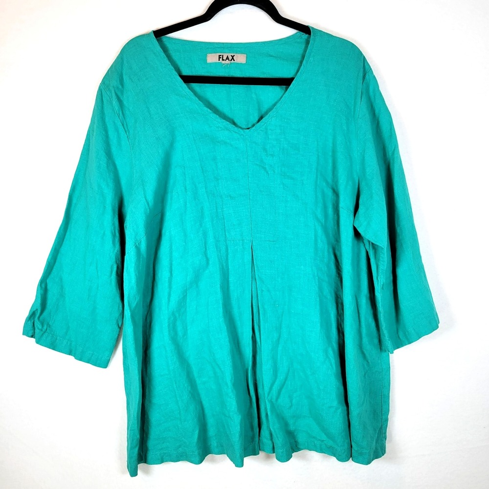 Flax Womens Linen Tunic Top Lagenlook Size Large Green 3/4 Sleeve Beachy Relaxed